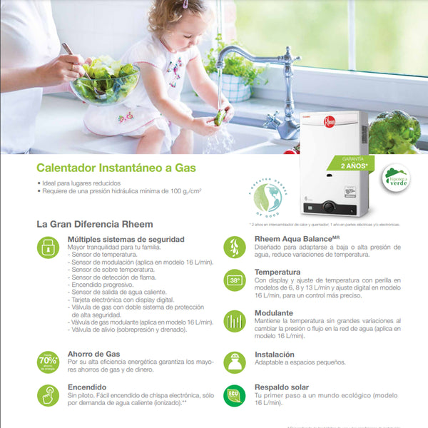 Calentador de Agua Instantáneo 16 Litros por Min Gas Natural 3 Servicios